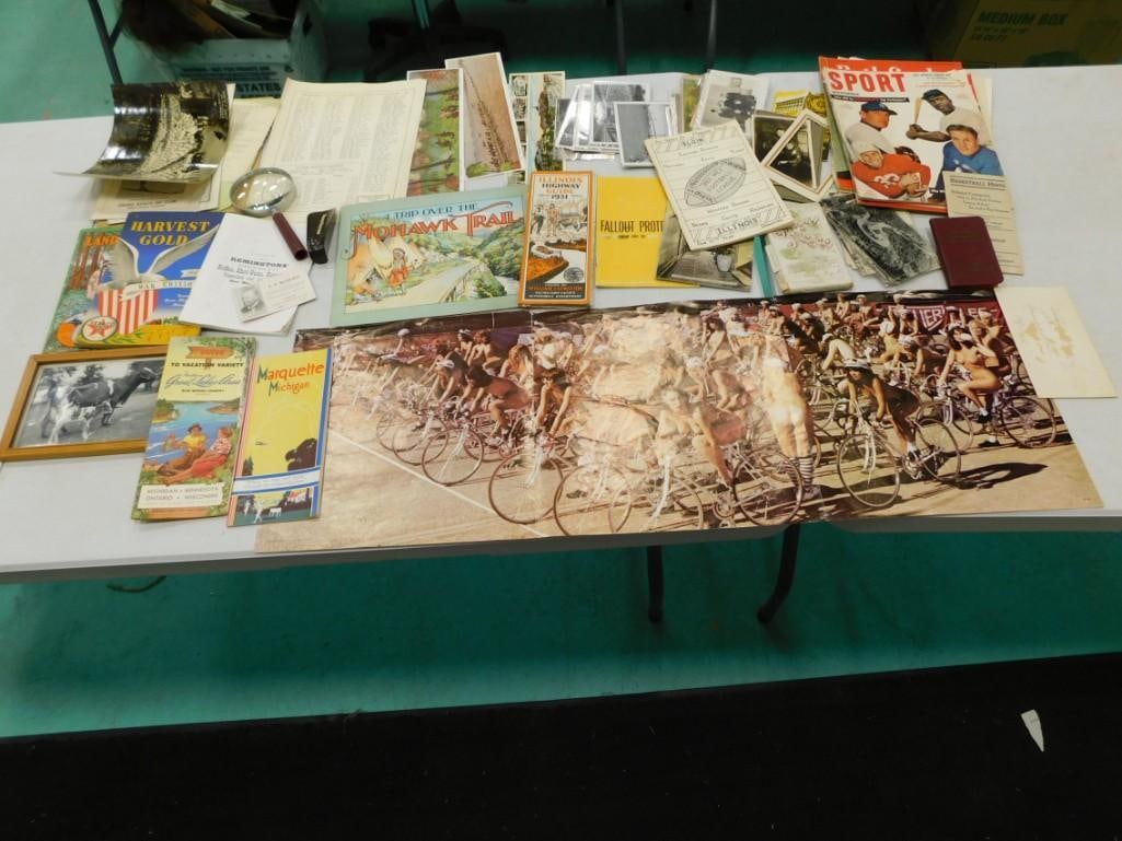 Vtg Postcards, Magazines, Roadmaps, etc Ephemera Lot: Vintage postcards, road maps, Remington Rifle booklet, Mohawk Trail, Land of Hiawath Book, Vintage magazines, etc Lot