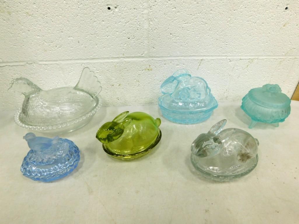 6 Vintage Glass Trinket Dishes incl Glass Hen on Nest, 3 Bunnies on Nests, 1 Bird, and 1 Cabbage Ros (1 of 5)
