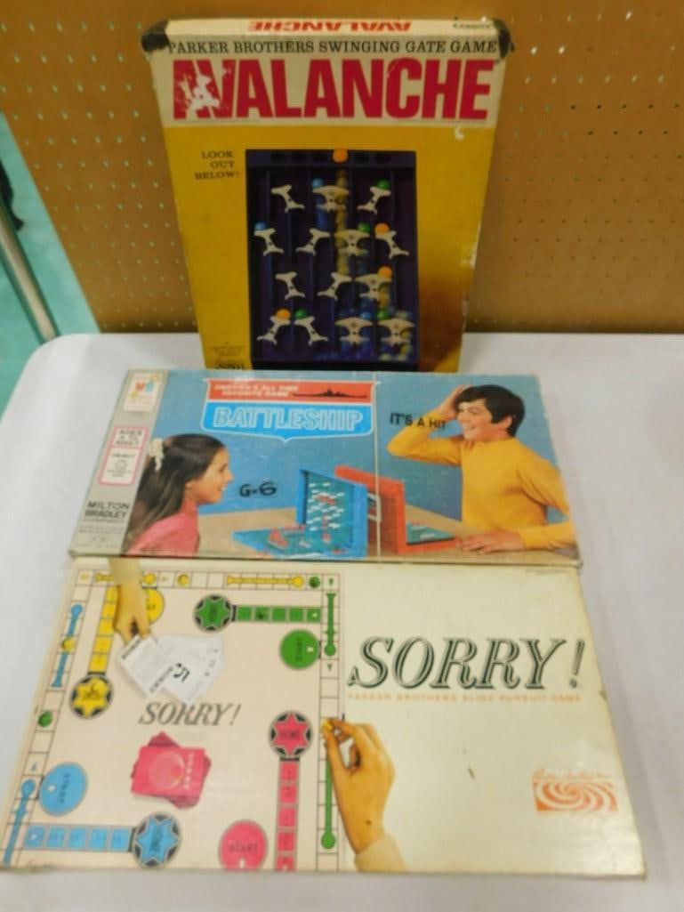 Vintage Board Games incl PB Avalanche 1970s, PB Sorry! 1964, MB Battleship 1970s (1 of 4)