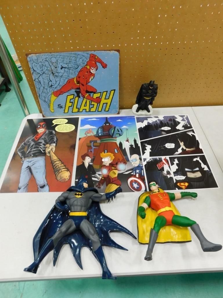 7 pc Batman DC Comics Lot incl 1990s Batman & Robin PVC Figures, The Flash Metal Sign, (1 of 7)