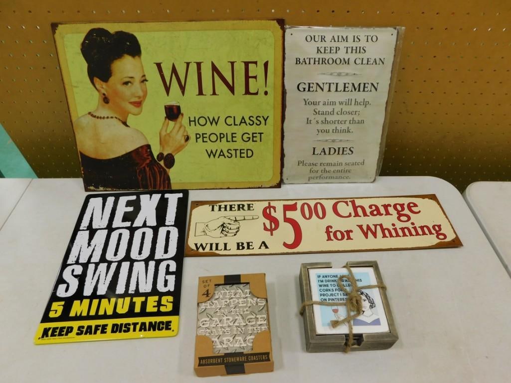 4 Tin or Metal Signs incl Sarcastic & Funny Bathroom, Wine, Whining, Mood Swing: 4 Tin or Metal Signs incl Sarcastic & Funny Bathroom, Wine, Whining, Mood Swing Plus Coasters