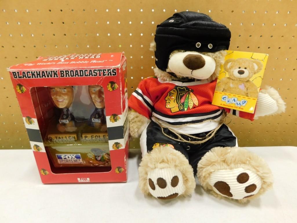 Champ Chicago Blackhawks Plush Bear and Blackhawk Broadcasters Bobble Heads in Original Box: Champ Chicago Blackhawks Plush Bear with Original Tag and Blackhawk Broadcasters Bobble Heads in Original Box - box has fading and wear