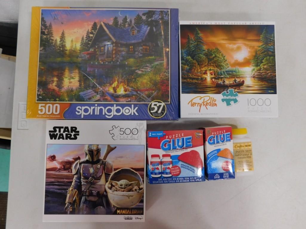 3 New and sealed Jigsaw puzzles including Springbok, Star Wars, Terry Redlin, plus some puzzle glue (1 of 4)