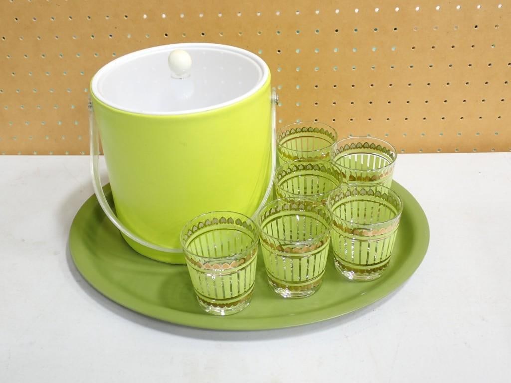 Vintage MCM Barware Set incl 6 Pasinski Rocks Glasses w 22k Gold c. 1960, 1960s Tray, 1970 Ice Bucke (1 of 7)