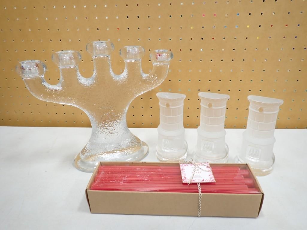 1970s Nybro Sweden Paul Isling Crystal Candelabra with Candles and 3 Nybro Castle Candle Holders (1 of 8)