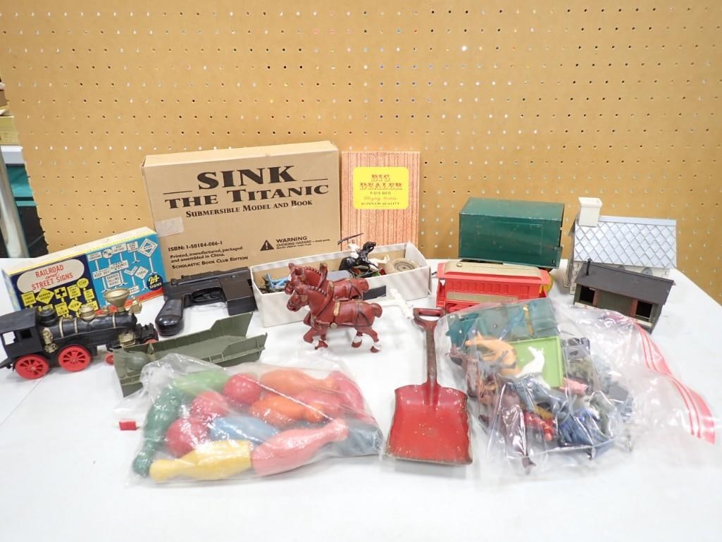 Lot of Misc Small Toys Train Cars, Cast Iron Horses, Toy Soldiers, Mini Bowling Pins, etc (1 of 9)