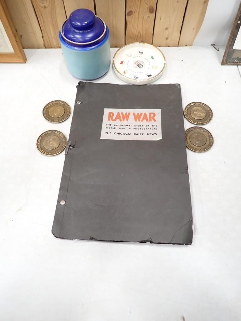 Smalls lot including National Lock Hardware Metal tokens, Chicago Daily News War photogravure, (1 of 13)