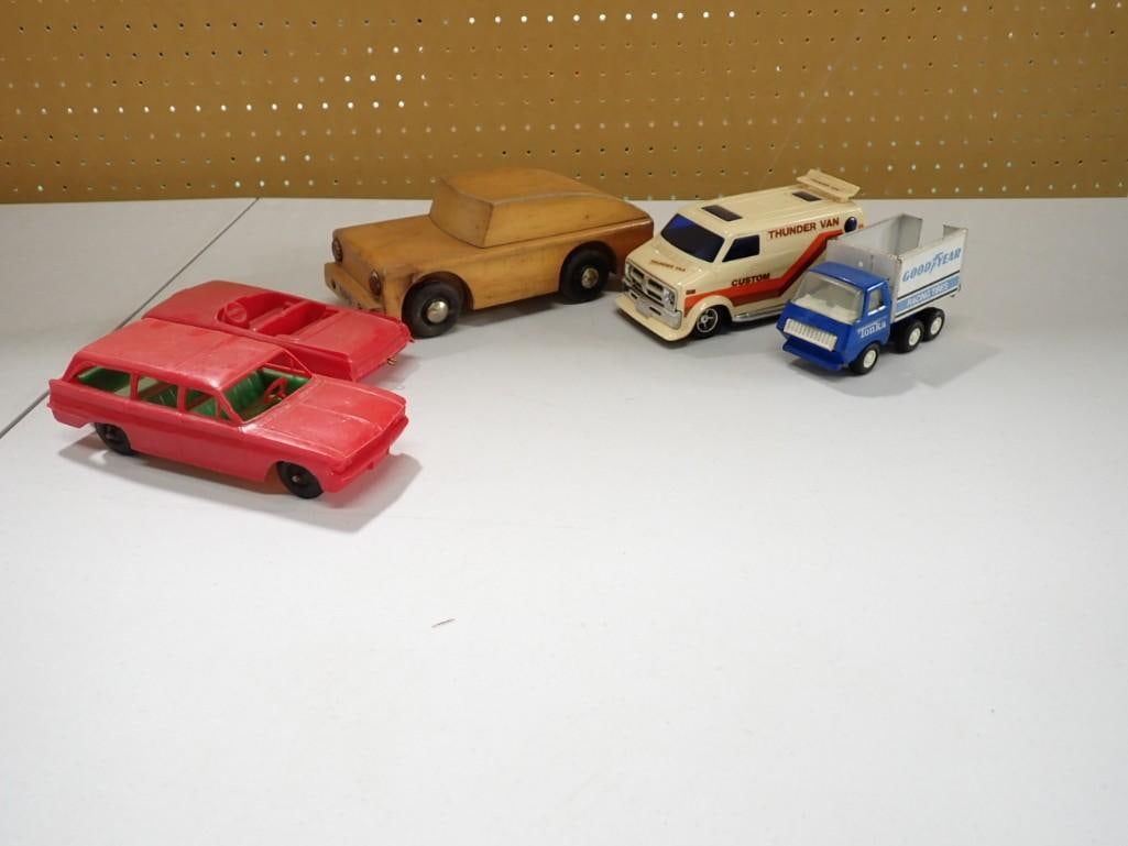 Assorted Vintage Toy Cars including Thunder Van, Good Year, Wood, Plastic, etc.: Assorted Vintage Toy Cars including Tonka Thunder Van, Sears Good Year, Wood, Plastic, etc.