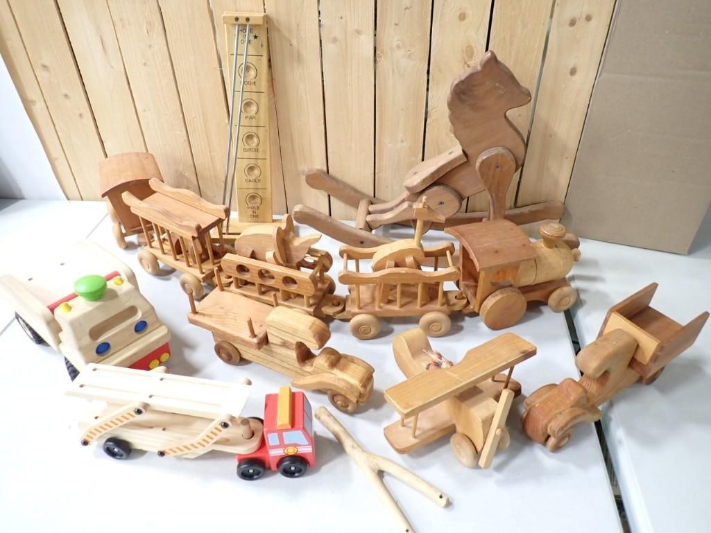Lot of Wood Toys incl 4 Train Cars, 4 Trucks, 1 Plane, 1 Game, 1 Rocking Horse (1 of 6)