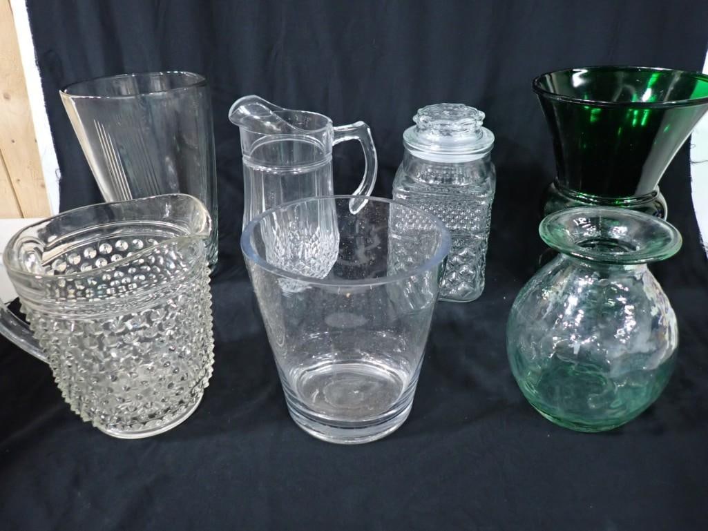 Lot of Glass Decor incl Lg Green Glass Vase, 2 Pitchers, 3 Vases, 1 Glass Candy Jar, (1 of 9)