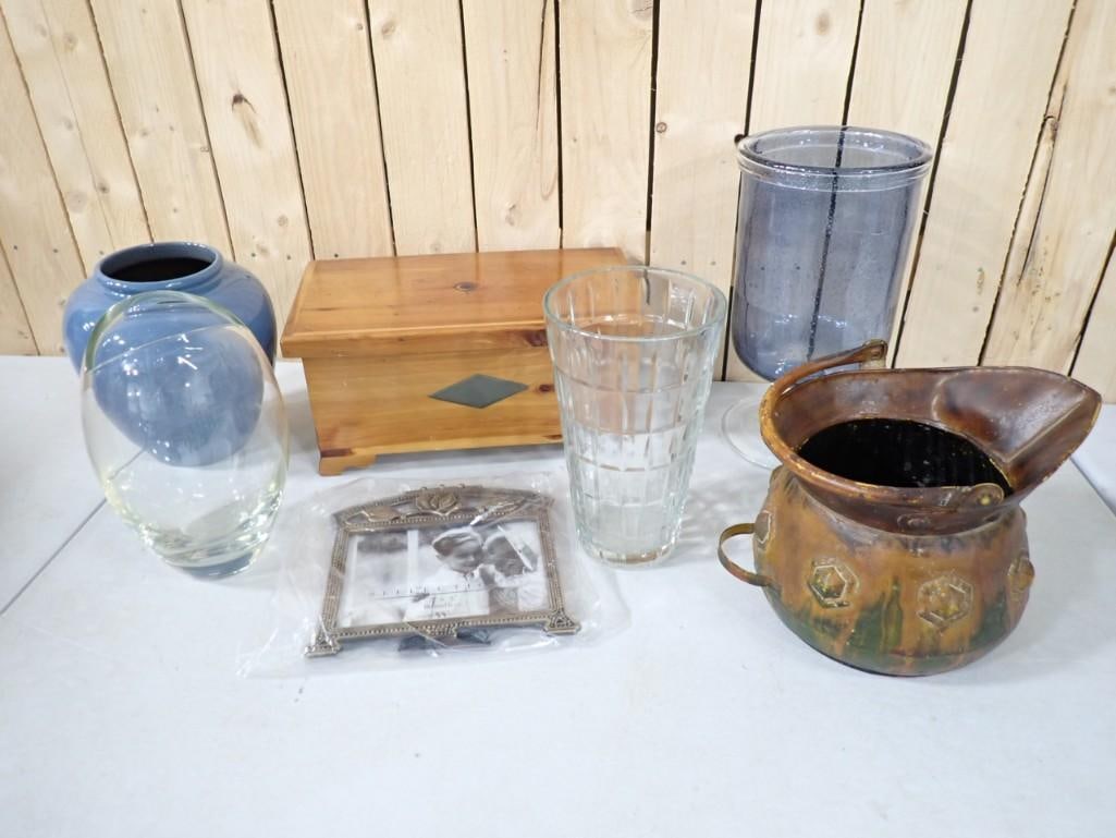 Lot of Wood, Glass, and Metal Items incl 3 Glass Vases, Wood Box 12" x 6", Metal Frames, Metal Pictu (1 of 11)