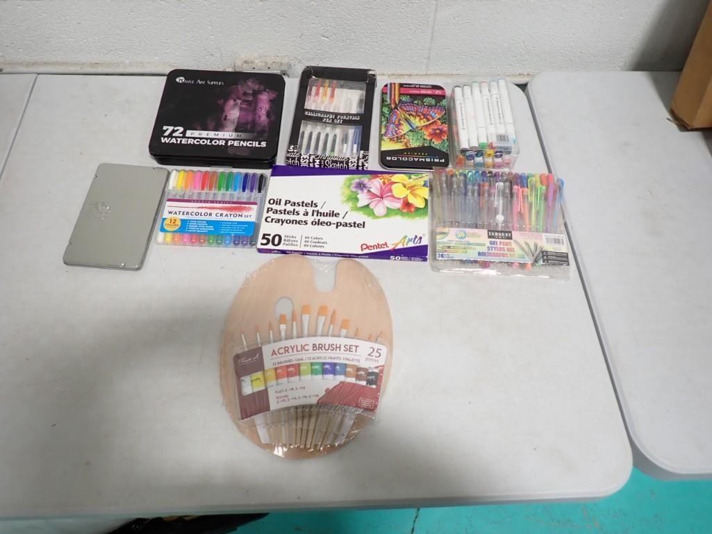 Art lot including watercolor pencils, crayons, pastels, acrylic brush set, prismacolor, gel pens (1 of 4)