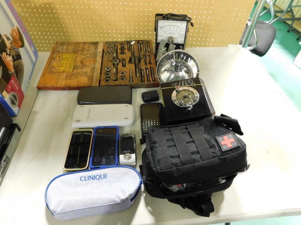 Tool lot etc. including Vintage Tap and Dye Set, Multitester, Calculators, old phones, etc. (1 of 7)