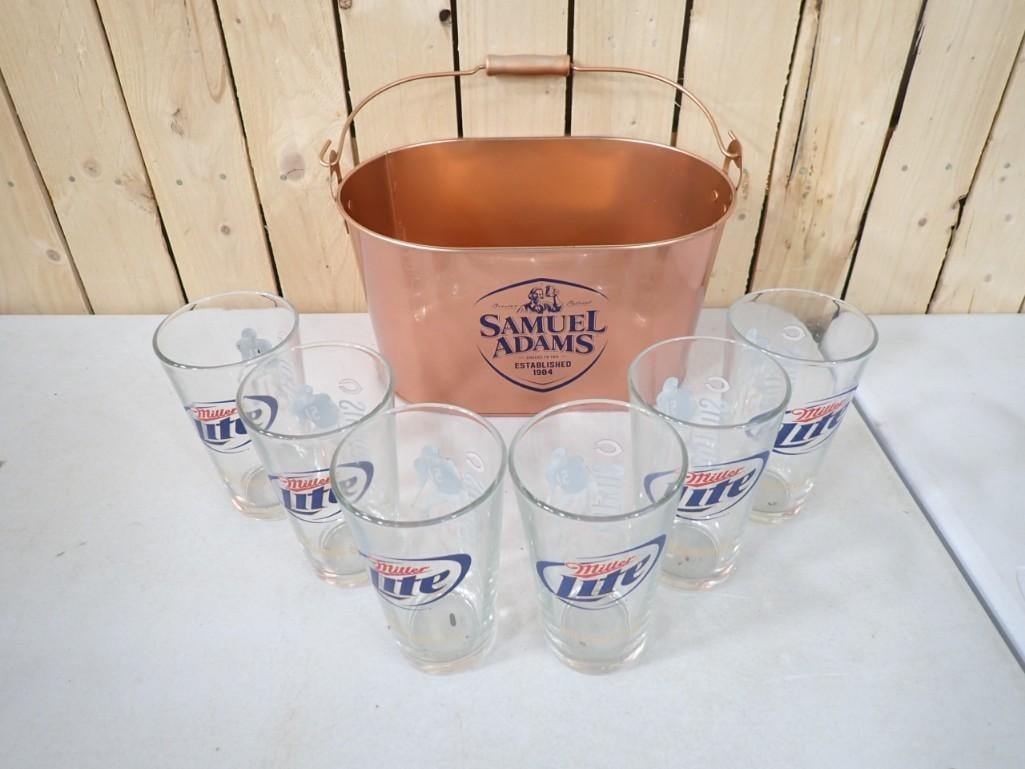 Samuel Adams Beer Bucket and 6 Miller Lite Pint Glasses (1 of 6)