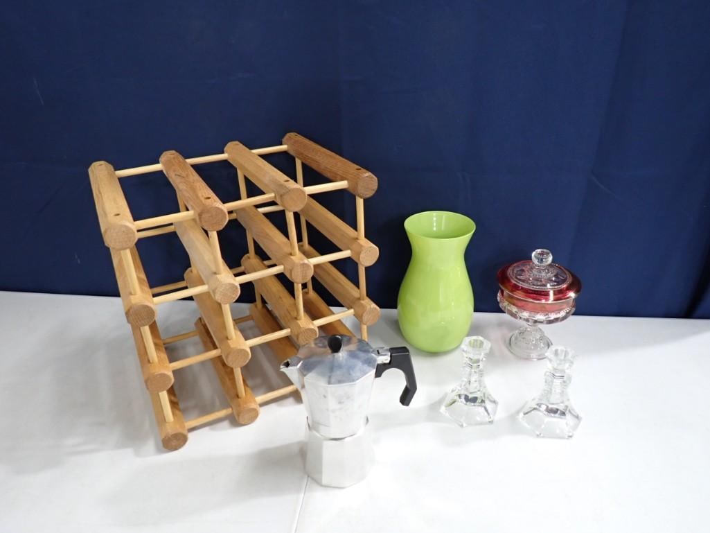 Vintage Indiana Glass Kings Crown Covered Candy Dish, Yellow Vase, Wood Wine Rack,: Vintage Indiana Glass Kings Crown Covered Candy Dish, Yellow Vase, Wood Wine Rack, Clear Candlesticks, BonJour Coffee Pot