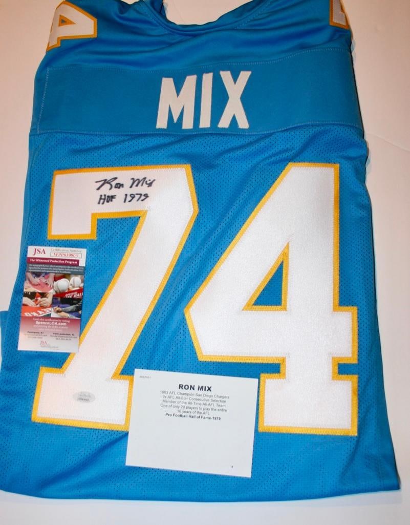 Chargers Ron Mix "HOF 1979" Signed Jersey With COA: Chargers Ron Mix "HOF 1979" Signed Jersey With COA No size listed. JSA COA.
