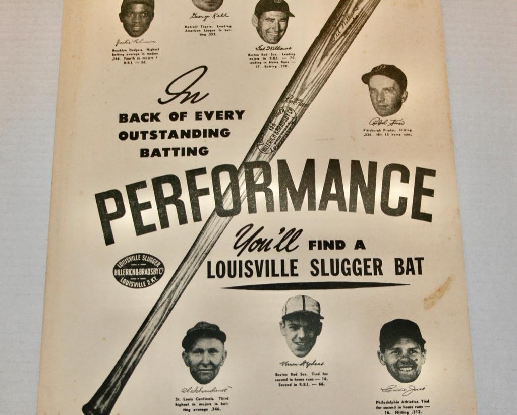 Original 1949 Louisville Slugger Advertising Poster: Original 1949 Louisville Slugger Advertising PosterMeasures 17 inches by 11 inches. Please see photos for condition.