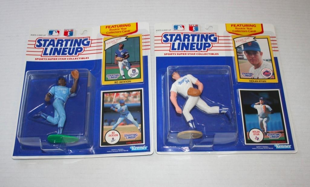 1990 Starting Lineup Figures Nolan Ryan And Bo Jackson With Rookie Year Cards - NIP: 1990 Starting Lineup Figures Nolan Ryan And Bo Jackson With Rookie Year Cards - NIP Both packages are still factory sealed and have never been opened.