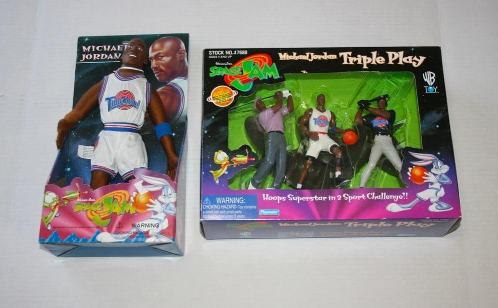 Michael Jordan Space Jam Plush Figure And Triple Play Set - All NIP: Michael Jordan Space Jam Plush Figure And Triple Play Set - All NIP 12 inch Space Jam plush of Michael Jordan and a Space Jam Triple Play set showing Jordan golfing, batting and playing basketball. B