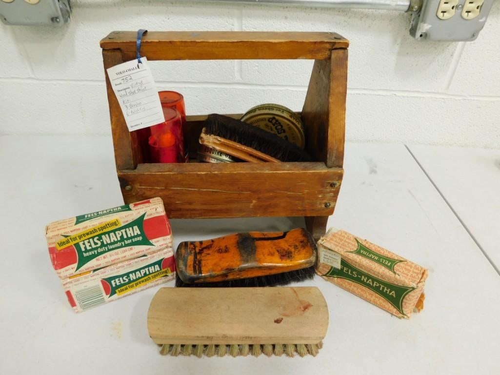 Vintage Wood Shoe Shine Kit incl 3 Brushes, 6 Polish Tins, etc (1 of 7)