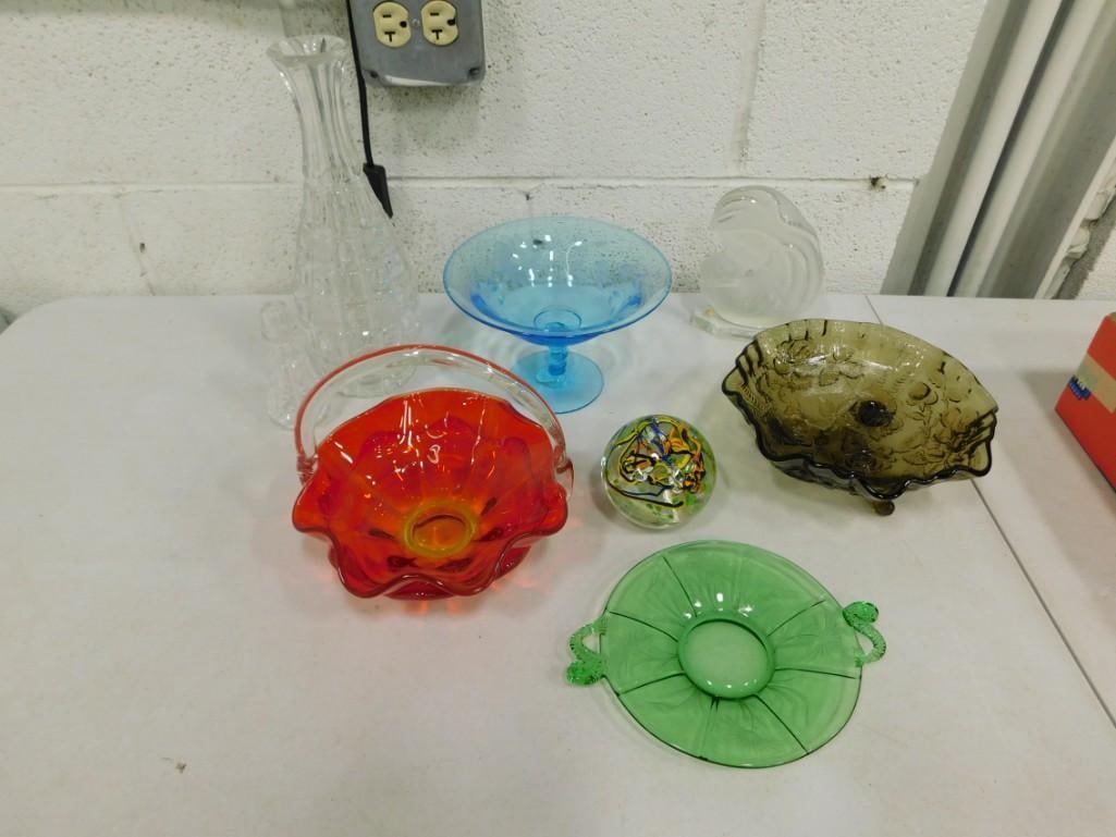 Glass incl Art Glass Paperweight, Blue Glass Pedestal Bowl, Green Dish with Dragon Handles, (1 of 13)