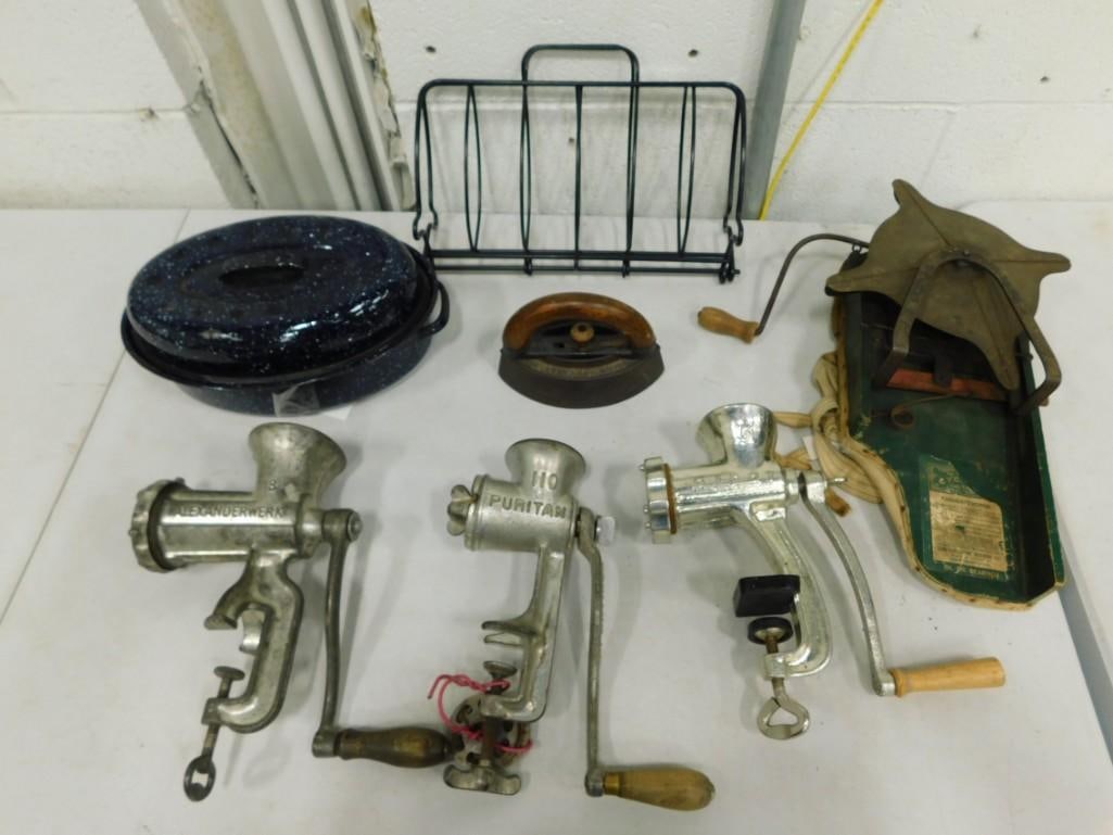 3 Vintage Meat Grinders, Vintage See Spreader/Bag, Cast Iron Sad Iron, etc (1 of 12)