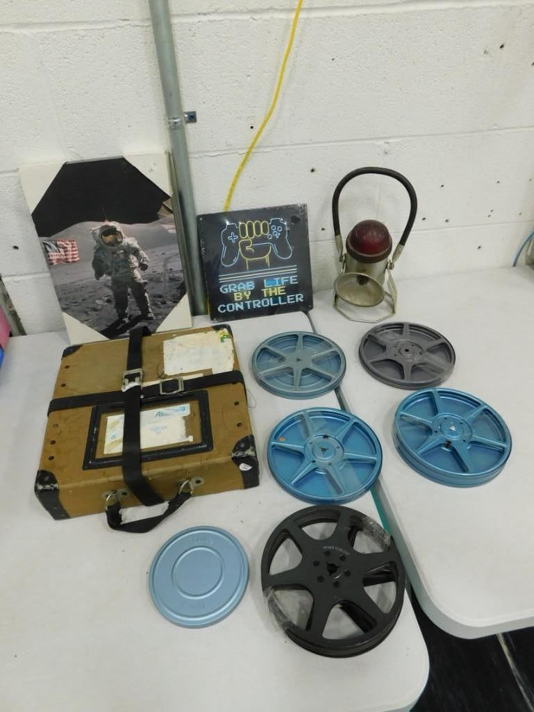 Lot of 9 Movie Reels, Vintage Movie Case, Metal Railroad Lamp, Metal Gaming Sign, (1 of 9)