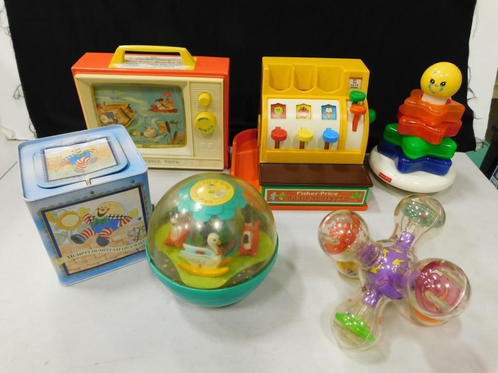Lot of Vintage Toys incl Fisher Price Roly Poly Chime Ball, TV, Cash Register, Etc (1 of 6)