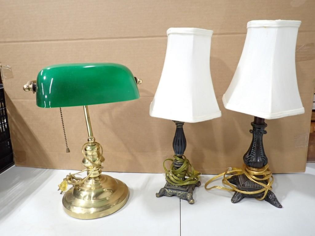 3 Asst Lamps incl Desk Lamp or Bankers Lamp, 2 Different Table Lamps with Shades (1 of 8)
