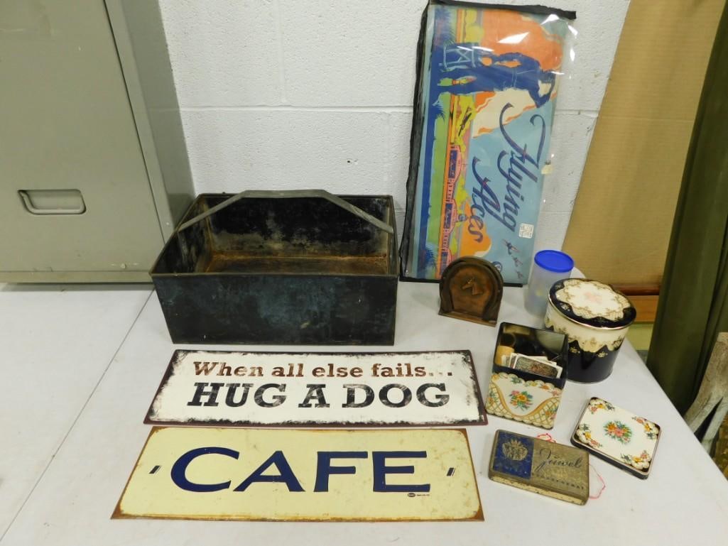 Metal signs, tins, etc. "When all else fails... hug a dog", etc.: Metal signs, tins, etc. "When all else fails... hug a dog", etc. Comptopmeter Mfg. Co tin, marbles, etc.