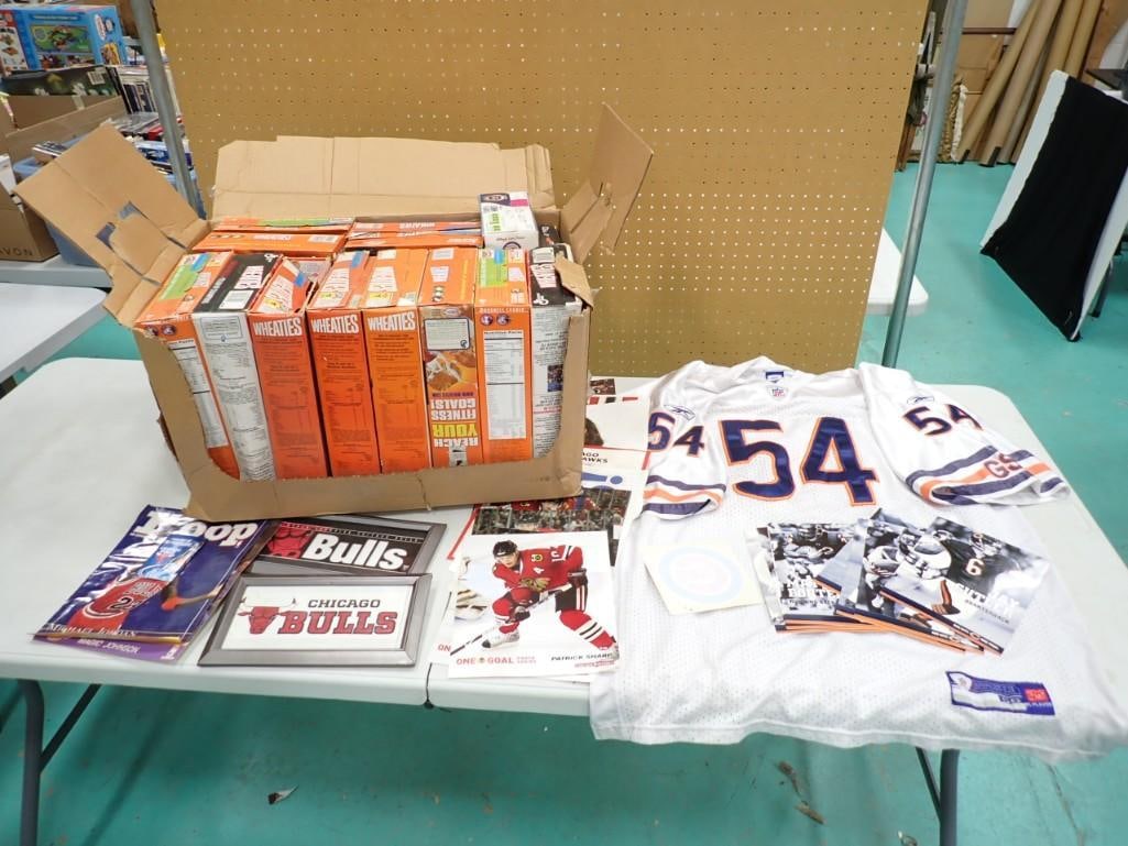 Sports lot including Wheaties Boxes, Brian Urlacher Jersey, Chicago Bulls, Blackhawks, etc.: Sports lot including Wheaties Boxes, Brian Urlacher Jersey, Chicago Bulls, Blackhawks, etc.