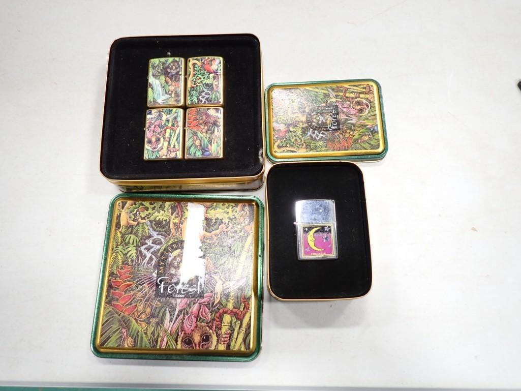 5 Zippo lighters - 4 jungle theme Mysterious Forest and one crescent moon and stars (1 of 4)