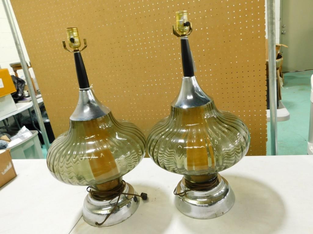 Pair of 1970's Smoked Glass and Chrome Lamps: Pair of 1970's Smoked Glass and Chrome Lamps - the middle portion lights up along with the top. May need bulbs. Each measures about 25.5" tall