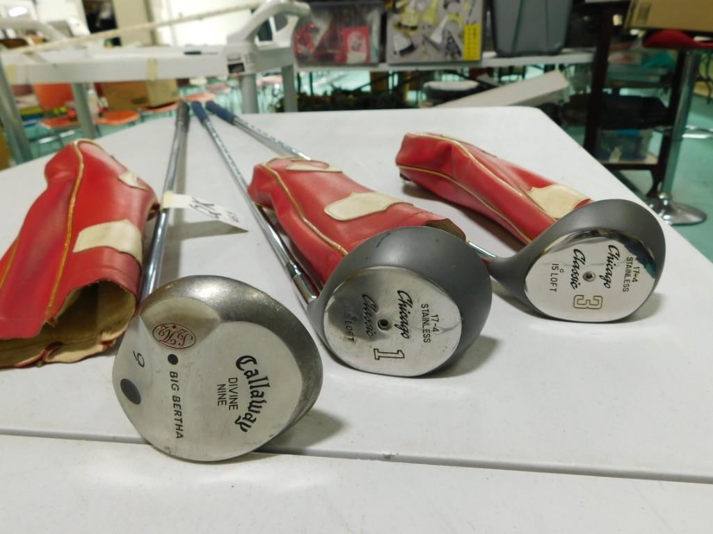 3 Golf Clubs including Callaway Big Bertha, Chicago Classic.  Comes with three vintage covers (1 of 2)