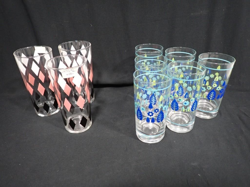 Vintage MCM Tumblers or Drinking Glasses incl Set of 6 Blue and Green Leaf Pattern and 3 Pink Black (1 of 8)