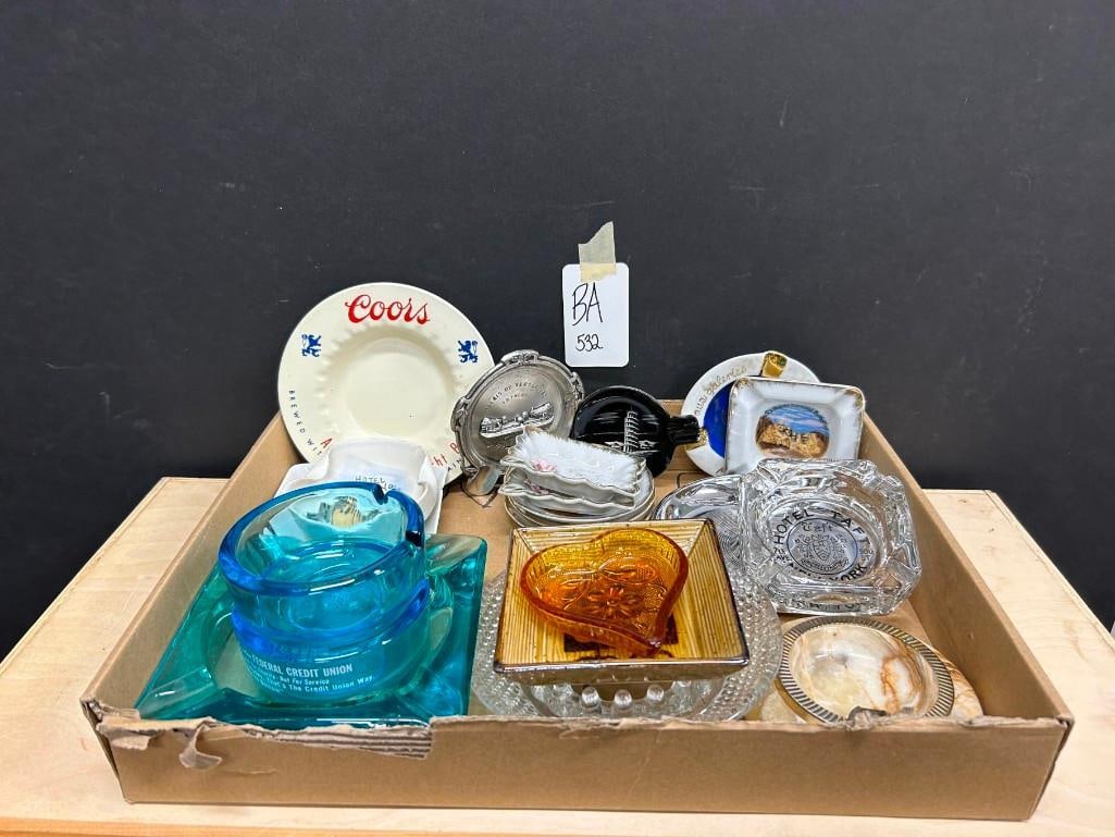 Lot of Vintage Ashtrays incl incl Chrome Cigarette Holder Ashtray, Blue Glass Ashtrays, Coors, Owl,: Lot of Vintage Ashtrays incl incl Chrome Cigarette Holder Ashtray, Blue Glass Ashtrays, Coors, Owl, etc