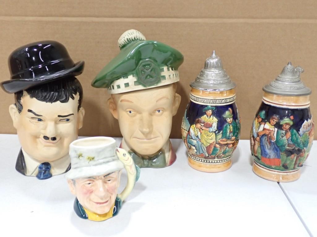 Character Mug, 2 Beer Steins, 2 Decanters incl Oliver Hardy Decanter (1 of 14)