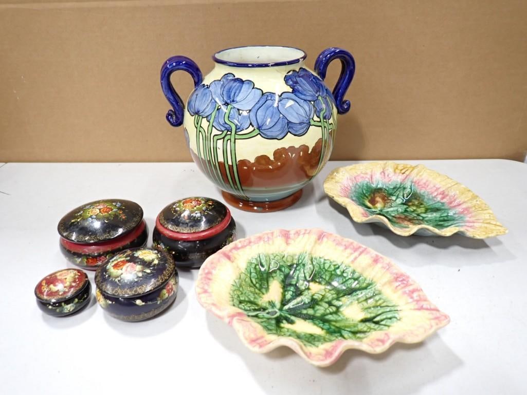 4 Hand Painted Trinket Boxes, Italian Ceramic Leaf Plates, Russian 2 Handled Vase (1 of 13)