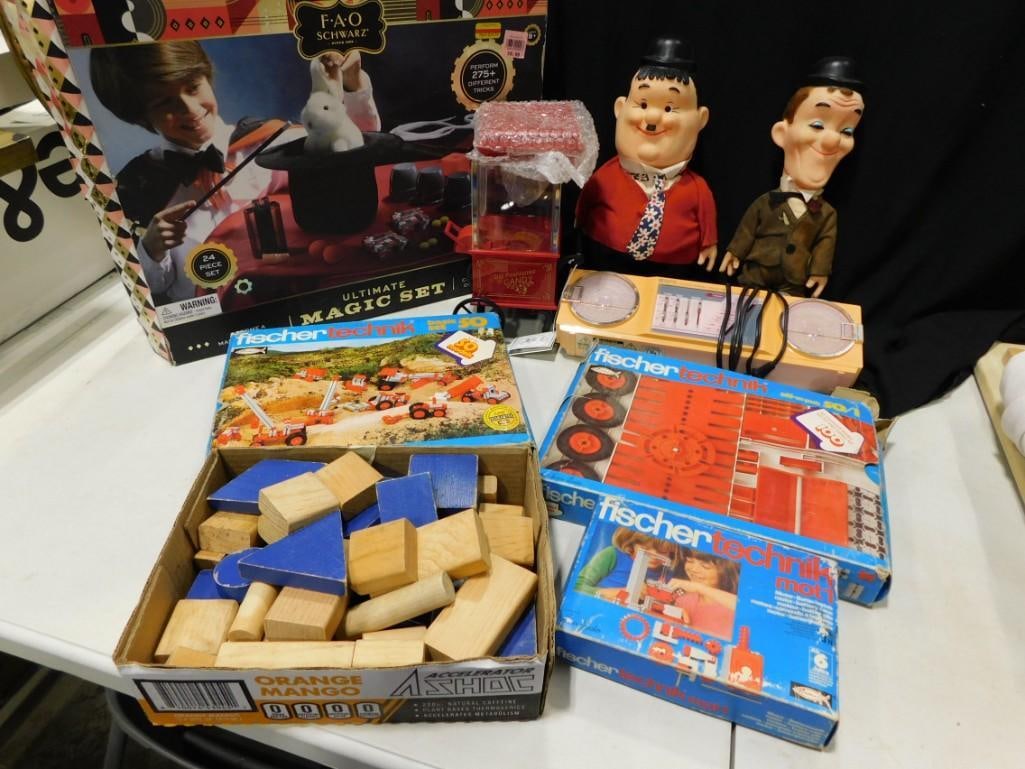 Toy Lot including Laurel and Hardy, FAO Schwarz Magic Set, Wood Blocks, Fischer Technik, radio, etc. (1 of 6)