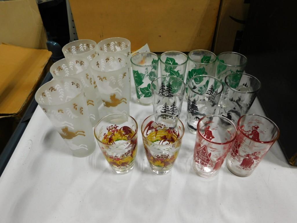 Lot of assorted Drinking Glasses including frosted horses, cowboy horses, wilderness, leaves, etc. (1 of 7)