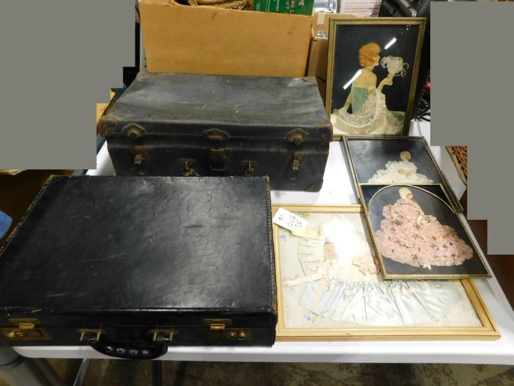 Pair of old cases and some framed cloth/lace / Fabric Art pictures: Pair of old cases and some framed cloth/lace / Fabric Art pictures