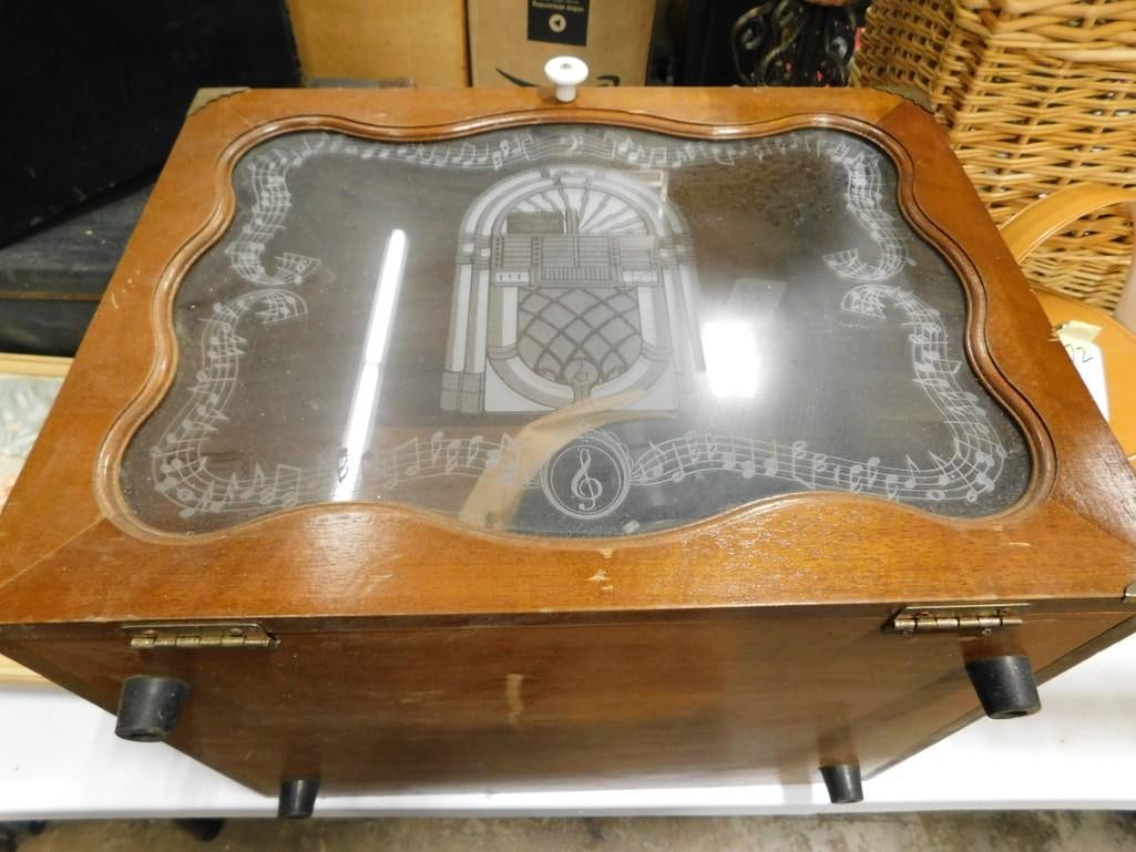 Vintage Wooden and Glass Case with Jukebox design - holds records and comes with some too: Vintage Wooden and Glass Case with Jukebox design - holds records and comes with some too - measures roughly 18x14x13.5"