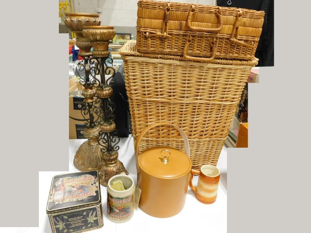 Misc. Lot - ice bucket, lamps, wicker baskets, Anheuser Bush Tin and Mug, etc. (1 of 6)