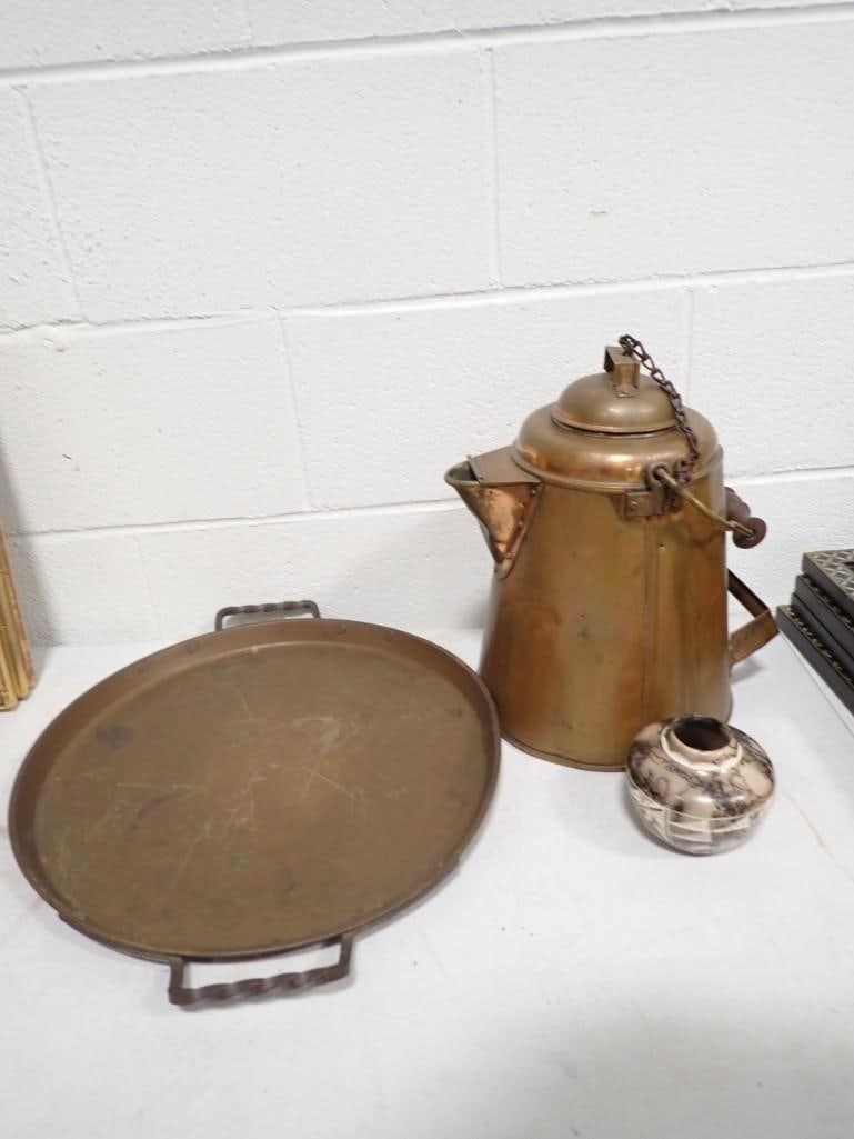 Vase Signed T Vail, Copper Coffee Pot, Copper Tray (1 of 10)
