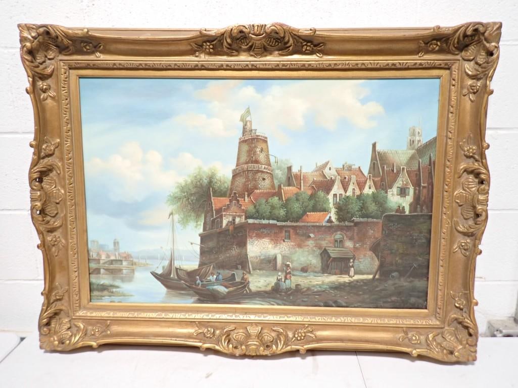 Framed Painting of a Castle and Boats: Framed Art Painting of a Castle and Boats - Measures roughly 44" x 32.5"