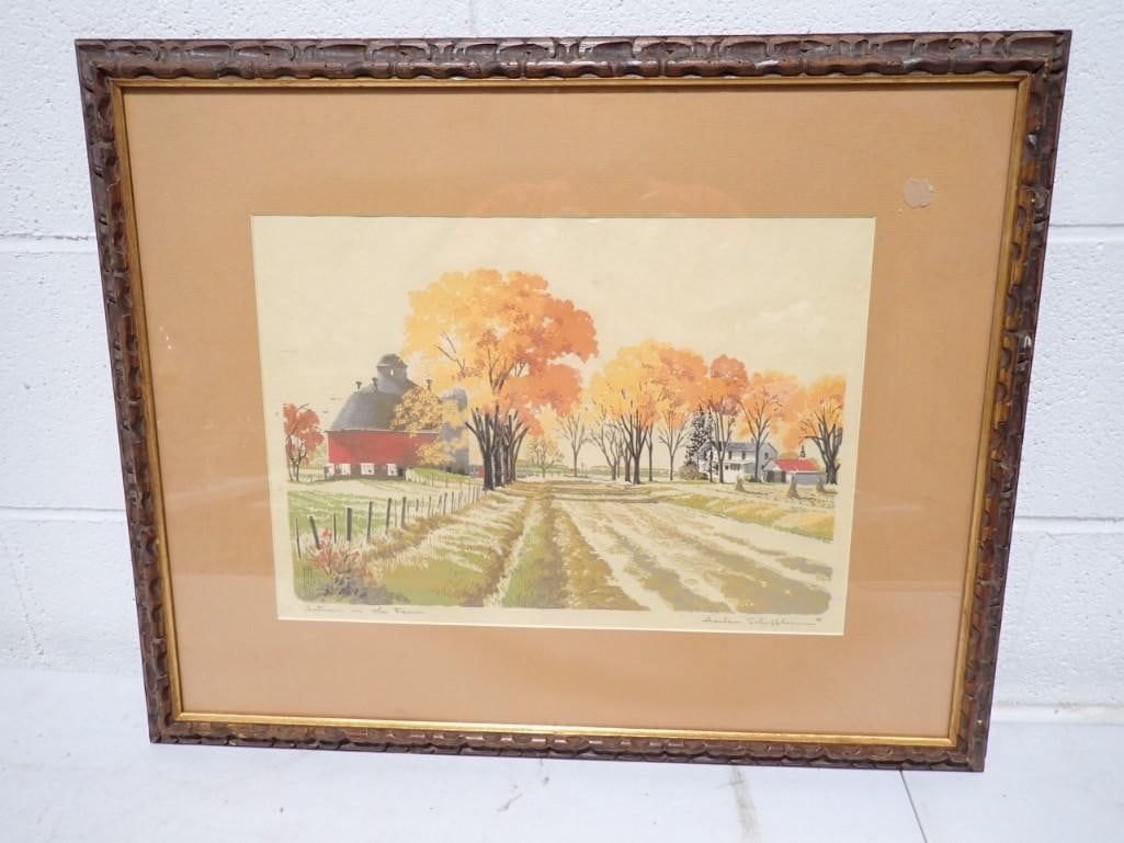 Farm Scene Print Pencil Signed Harlan Scheffler Framed 23.5" x 19" (1 of 5)