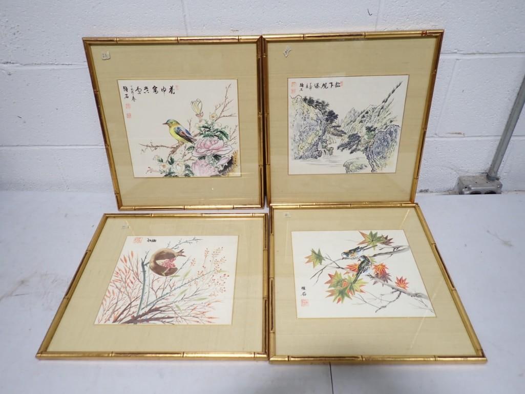 4 Framed Original Watercolor Paintings Asian Birds and Flowers Scenes (1 of 5)