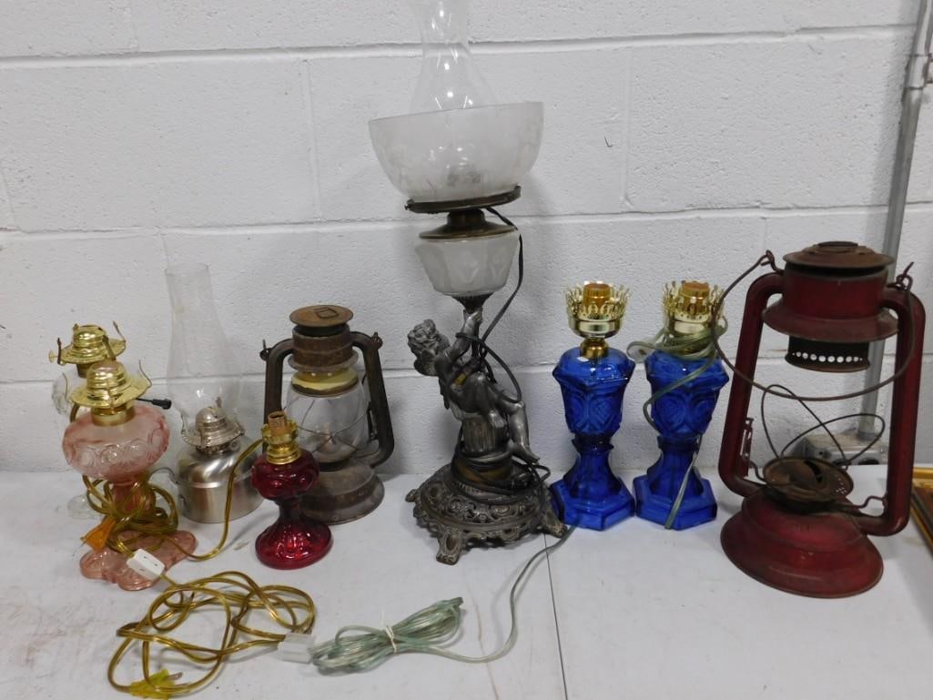 Lot of assorted Oil Lamps, Lamps and Oil Lamps converted into Electric Lamps (1 of 12)