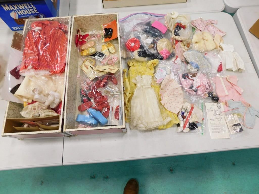 Vtg Madame Alexander, Ginny, Fashion Doll Clothes & Accessories w/ Metal Trunk Lot: Vintage Vogue Ginny, Madame Alexander, and other fashion doll clothes, including handmade and NIP New in Package, accessories, shoes, Helen Kish 14" doll outfit, etc in vintage metal doll trunk wi