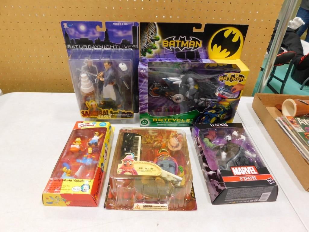 Toys New in Package incl The Muppets Dr Teeth, Batman Batcycle, Marvel D' Spayre: Toys New in Package incl The Muppets Dr Teeth, Batman Batcycle, Marvel D' Spayre, The Simpsons Krusty World Vehicle Set, Saturday Night Live Samurai Baker